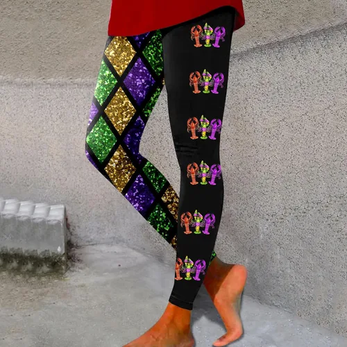 Vista 2 de Traje de Mardi Gras para mujer, leggings de Mardi Gras, con lentejuelas, bloque de color, gráfico, carnaval, festival, fiesta, pantalones de yoga