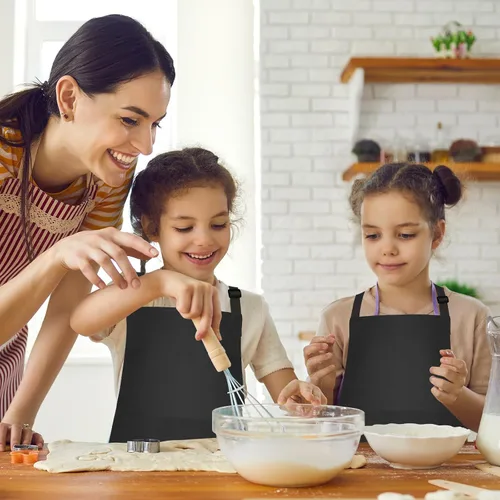Vista 7 de Juego de 5 delantales para niños, delantal ajustable para niños con 2 bolsillos, delantal de chef para niños para pintar, cocinar, hornear, Negro