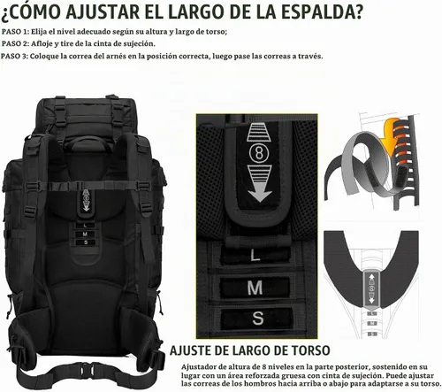 Vista 5 de Mardingtop 70L Mochila con armazón interno para caza, camping, senderismo; mochila con cubierta para la lluvia Negro