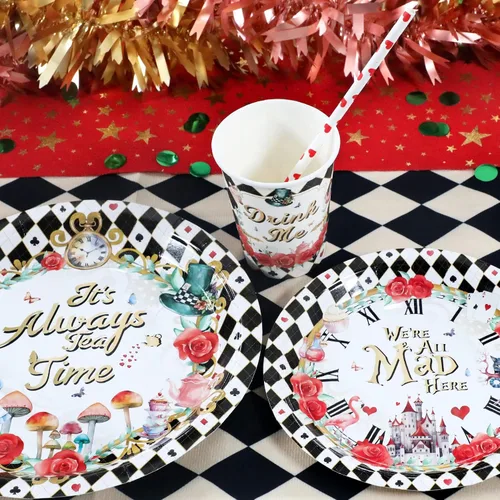 Vista 5 de Decoraciones para la fiesta del té de Alicia - Platos de papel para baby shower, servilletas, tazas y pajitas para 24 invitados, juego de vajilla