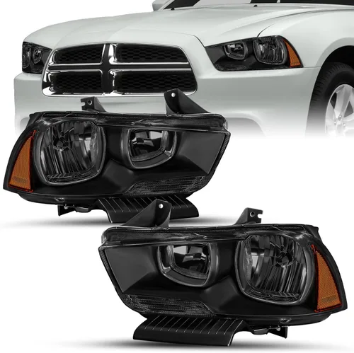 Vista 10 de SOCKIR Juego de montaje de faros delanteros compatible con Dodge Charger 2011 2012 2013 2014 Faro halógeno de repuesto negro con reflector ámbar