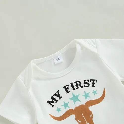 Vista 5 de My First Rodeo Outfit Western Baby Boy - Conjunto de camiseta de manga corta y pantalones cortos, conjunto de vaquero para niño