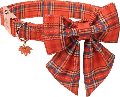 Vista 10 de DOGWONG Collar de otoño para perro con lazo, collar de moño para perro de Acción de Gracias, collar ajustable de algodón de otoño con hoja de arce