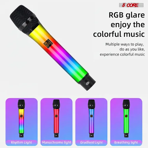 Vista 2 de 5 CORE Micrófonos inalámbricos, par de karaoke con luces LED brillantes, recargable, portátil, de largo alcance, micrófonos dinámicos de mano