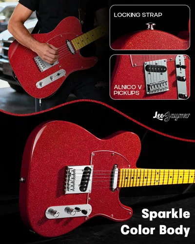 Vista 5 de Leo Jaymz Guitarra eléctrica en color brillante, cuerpo de caoba de alto brillo y cuello de arce duro, golpeador acrílico transparente de alta