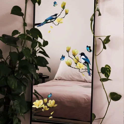 Vista 8 de Ohmywor 32 calcomanías de ventana de resorte de mariposa con diseño de pájaros en ramas de magnolia anticolisión para ataques de pájaros