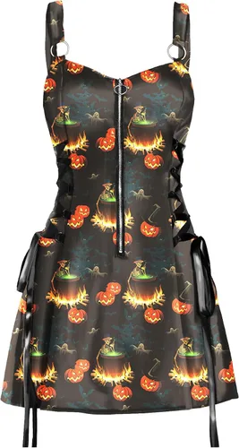 Vista 3 de J&DHUASHA Vestido de Halloween para mujer, gótico, de cintura alta, sin espalda, tirantes delgados, cremallera media, vestido de fiesta de Halloween