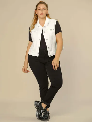 Vista 3 de uxcell Chaleco de mezclilla con botones de talla grande para mujer con dos bolsillos con solapa en el pecho 2023