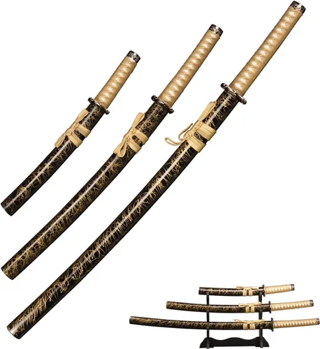 Vista 7 de FullTang Iaido Samurai - Juego de 3 piezas de espadas samurai japonesas con soporte de exhibición, vaina grabada, acero al carbono medio 1045, Hoja