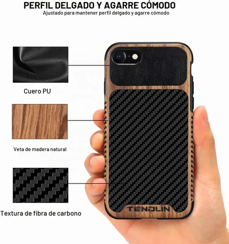 Vista 3 de TENDLIN Funda compatible con iPhone SE 2022/SE 2020/8/7, diseño de textura de fibra de carbono de grano de madera, diseño de textura de cuero, funda