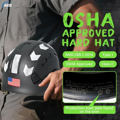 Vista 6 de Aolamegs Vented Carbon Fiber Pattern Hard Hat, ANSI Z89.1 Type 1 Class C Safety Helmet for Construction, OSHA Approved Work Hat with 6-Point