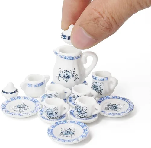 Vista 20 de Odoria 1:12 Miniatura 15pcs porcelana azul Chintz taza de té Set (azul)