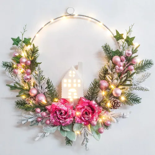 Vista 9 de Corona de Navidad preiluminada para puerta delantera con temporizador, 20 luces, corona de Navidad iluminada, bola de Navidad azul plateado