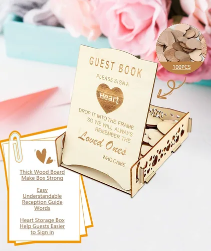 Vista 5 de Qivine Libro de visitas, libro de invitados de decoración de boda de corazón de madera, recuerdos de boda de acrílico para invitados con soporte