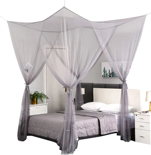 Vista 10 de Mengersi Cortinas de cama con dosel de 4 postes, mosquitero para cama tamaño Twin a Twin XL, cortinas de red para cama para camping, patio, red Negro