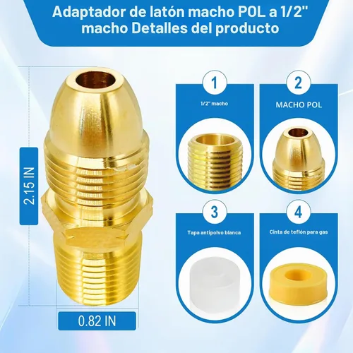 Vista 2 de Adaptador de propano de latón: adaptador macho POL a rosca macho de tubo de 1/2 pulgada, conector de tanque de manguera de propano, se adapta a