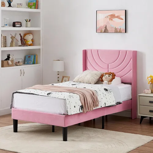 Vista 12 de VECELO Base de cama tapizada de tamaño individual con cabecera de tela, soporte de listones de madera, no necesita somier, base de colchón, fácil