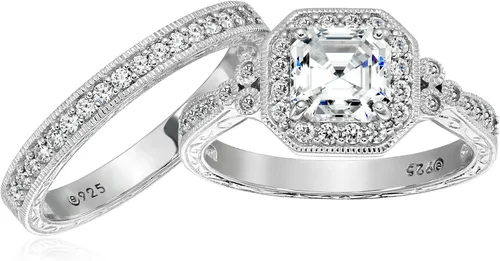 Vista 5 de Amazon Essentials Anillo antiguo de plata de ley chapada en platino o oro con circonita cúbica de elementos infinitos de corte Asscher
