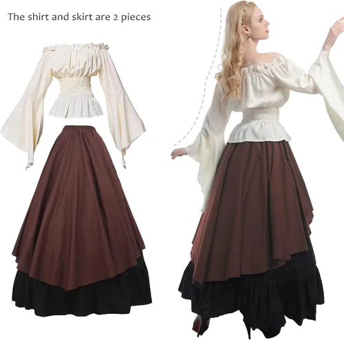 Vista 4 de CR ROLECOS Disfraz renacentista para mujer, vestido medieval campesino, manga trompeta, camisa y falda victoriana