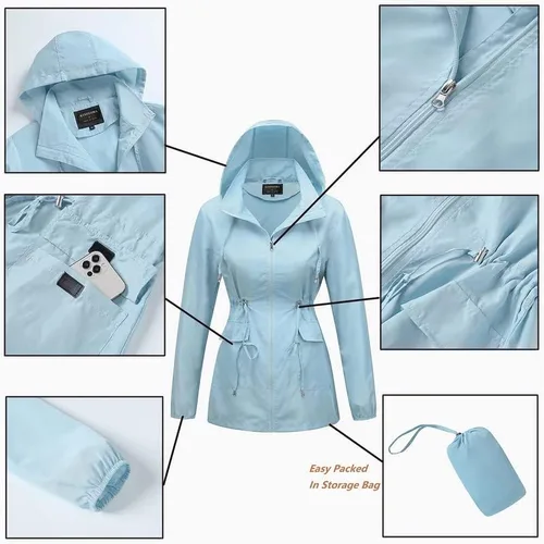 Vista 3 de Rasujie Chubasquero ligero con capucha para mujer, impermeable, plegable, para exteriores
