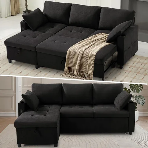 Vista 6 de Sofá cama extraíble de tela de 84 pulgadas con respaldos ajustables, color negro