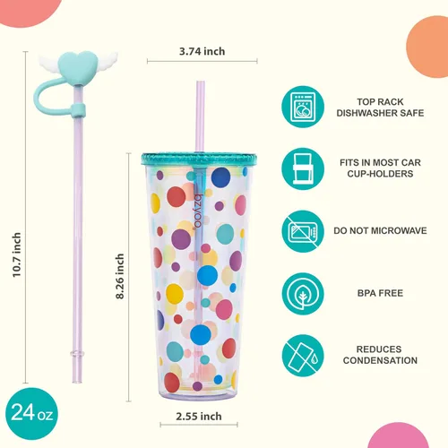 Vista 6 de bzyoo Vaso SIP de 24 oz con Tapa de Popote en Forma de Corazón con Alas – Vaso Iridiscente de Diseño Lindo DotDot, Taza Libre de BPA con Tapa