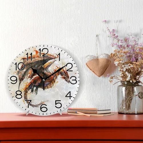 Vista 2 de Reloj de pared con diseño de dragón volador, funciona con pilas, sin tictac, de cuarzo, analógico, rústico, rústico, redondo, decoración retro