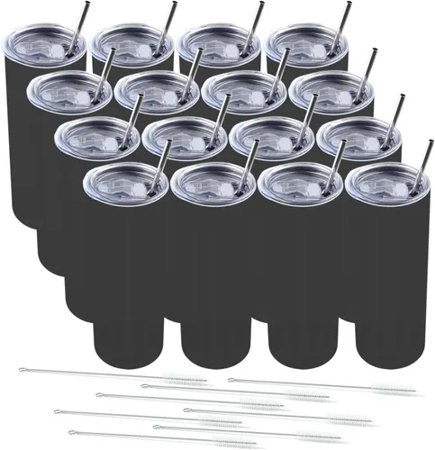 Vista 12 de Amtidy Paquete de 12 vasos delgados de 20 onzas con tapa y popote, vaso aislado al vacío de doble pared para bebidas frías y calientes