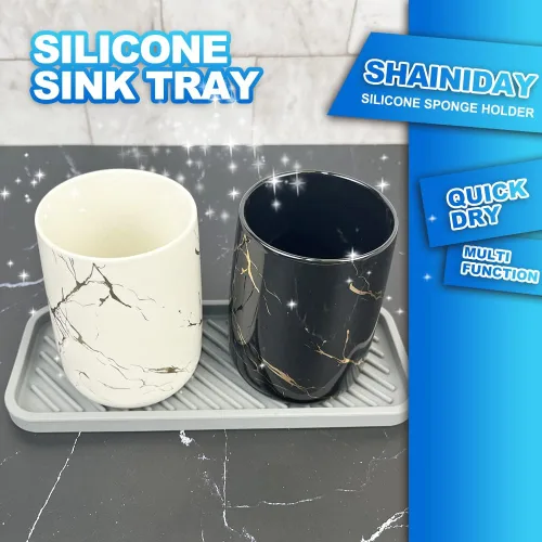 Vista 4 de 1 soporte de esponja de silicona, bandeja para fregadero de cocina, baño, ducha, jabonera, dispensador organizador de cepillos para botellas (gris)