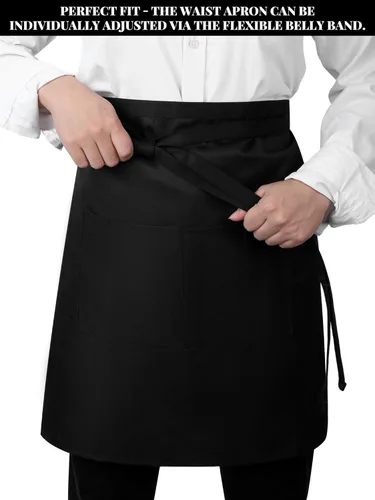 Vista 5 de Twistover Paquete de 5 delantales de medio bistro con 2 bolsillos, delantal unisex negro con lazos frontales extra largos en la cintura para hombres