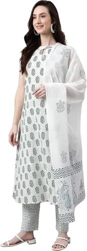 Vista 5 de Janasya Kurta de algodón blanco con estampado floral para mujer india con pantalón y dupatta