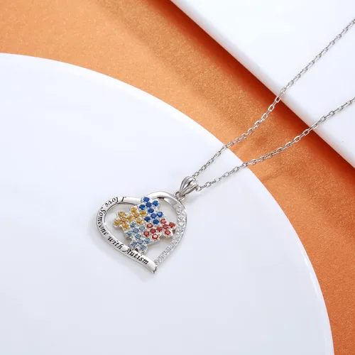 Vista 3 de Collar de concientización sobre el autismo de plata de ley 925 con texto en inglés "I Love Someone with Autism Necklace Jewelry Gifts for Autism Mom