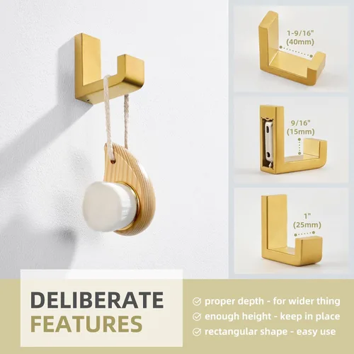 Vista 6 de Gancho Simple de Ángulo para Toalla de Baño, Gancho de Pared para Abrigatos de Ducha de Acero Inoxidable SUS 304, Perchero para Bata de Baño, Dorado