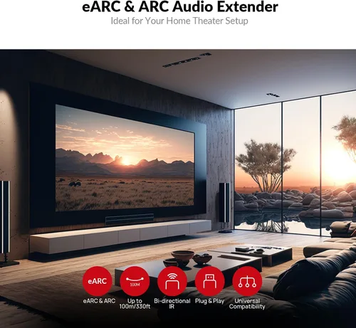 Vista 2 de Extensor de audio eARC de acceso AV de 330 pies, envía Dolby Atmos desde TV a receptor a través de Cat5e/6, compatible con ARC, control IR/CEC