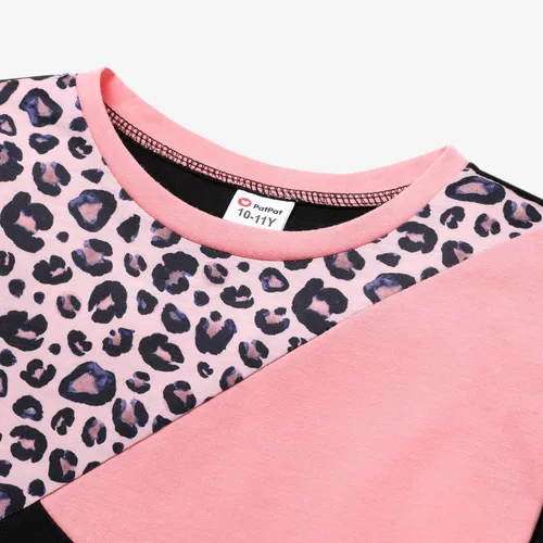 Vista 4 de PATPAT Conjunto de 2 piezas para niñas, camiseta de bloque de color de leopardo, camiseta de cuello redondo, leggings negros, pantalones deportivos