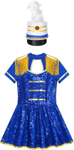Vista 3 de MSemis Disfraz de Majorette de lentejuelas para niñas, con borlas, gorra de línea A, vestido de uniforme de maestro de anillos real