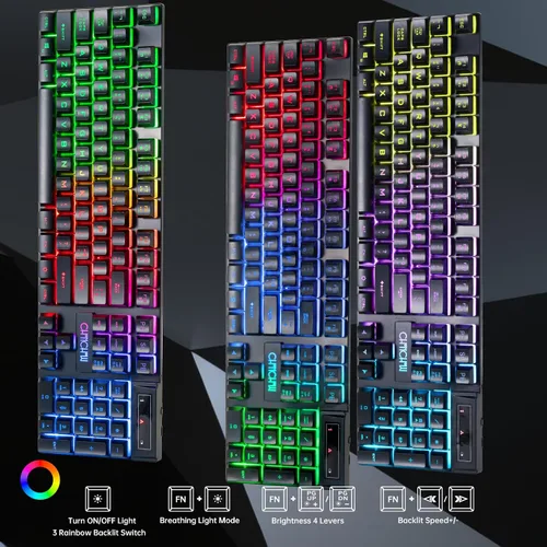 Vista 9 de CHONCHOW Combo de teclado y mouse inalámbricos USB para juegos, teclado ergonómico con retroiluminación LED, batería recargable de 2500 mAh