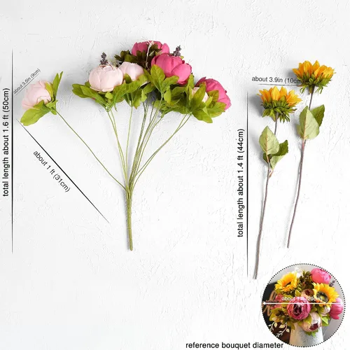 Vista 6 de FiveSeasonStuff ''Country Cottage'' - Ramo de flores artificiales de peonías y girasoles rosa seda