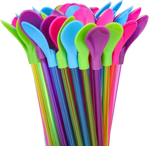 Vista 7 de Jinei 100 popotes de cuchara de cono de nieve, plástico duro de 9.3 pulgadas, desmontables, reutilizables, largos, tenedores para beber cono
