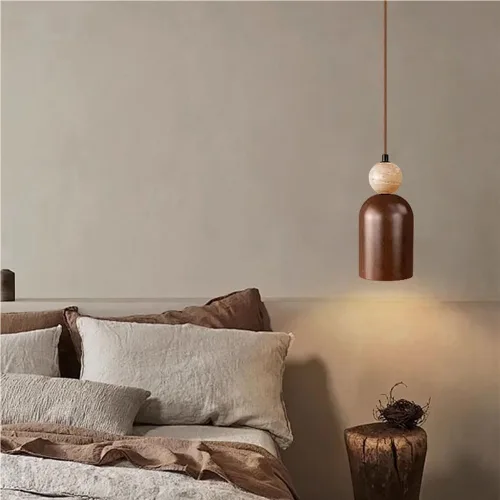 Vista 3 de Nordic Retro Bedside Pendant Light Modern Solid Wood Shade Hanging Lamp with Travertine Accents 78.8IN Adjustable Cord Chandelier for Dining Room