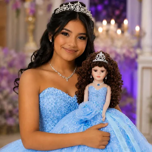 Vista 2 de KINNEX COLLECTIONS SINCE 1997 Muñeca de porcelana de 18 pulgadas de paraguas de quinceañera (Quince Años) KK18725-4 (Azul bebé)