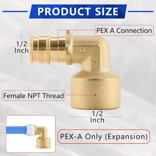 Vista 2 de Paquete de 5 YVSKM) 1/2" PEX-A Expansión × 1/2" Hembra NPT codo NPT, conexión roscada de flujo completo de latón sin plomo, certificado ASTM F1960