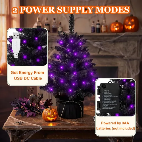 Vista 8 de Árbol de Halloween negro de 2 pies con luces, 50 LED multicolor preiluminado, mini árbol de Navidad artificial morado, árbol de Halloween