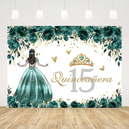 Vista 2 de MEHOFOND Telón de fondo de quinceañera Sweet 15 Girl Miss Quince Banner de rosas verdes y doradas, corona de niña en vestido de princesa, fiesta