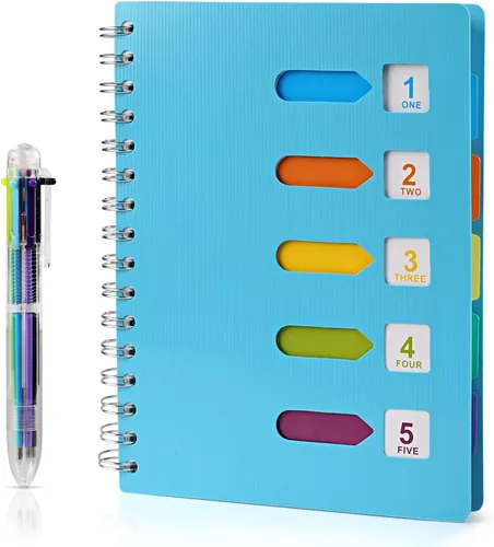 Vista 6 de Kesoto Cuaderno Rayado A5 con Bolígrafo Multicolor Cuaderno de Espiral con Alambre por Materias Diario con 5 Pestañas Divisorias y Bolígrafo Azul