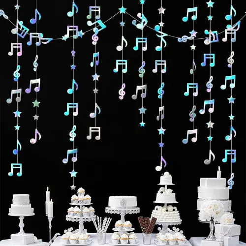Vista 8 de Guirnalda colgante de estrella negra con notas musicales brillantes, decoración de techo para cumpleaños, baby shower, fiesta, concierto, boda