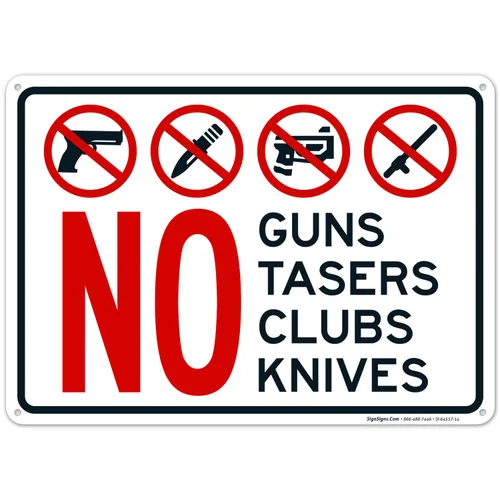 Vista 11 de Letrero de No Guns No Tasers No Clubs No Knives de 10 x 7 pulgadas, libre de óxido, aluminio 040, resistente a la decoloración, fabricado en Estados