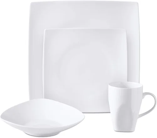 Vista 3 de Bone China - Juego de vajilla cuadrada de 16 piezas, color blanco Cuadrado blanco