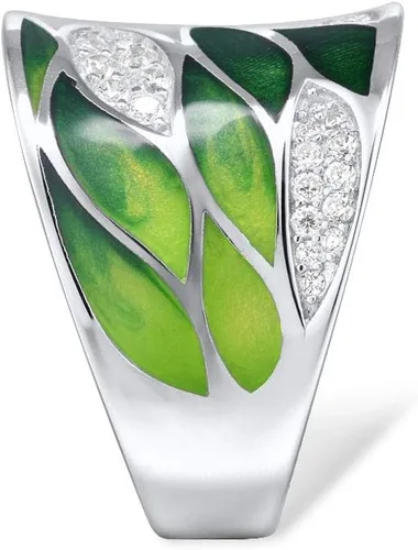 Vista 2 de Santuzza Anillo de plata de ley 925 con hojas de bambú, hecho a mano, esmalte y patrón de hojas para mujer, Gema, Zirconia cúbica
