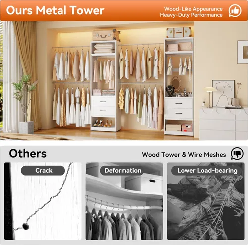 Vista 6 de Sistema de armario de metal, sistema organizador de armario de 4 pies - 8 pies con 4 varillas colgantes expandibles y torre de metal, sistema